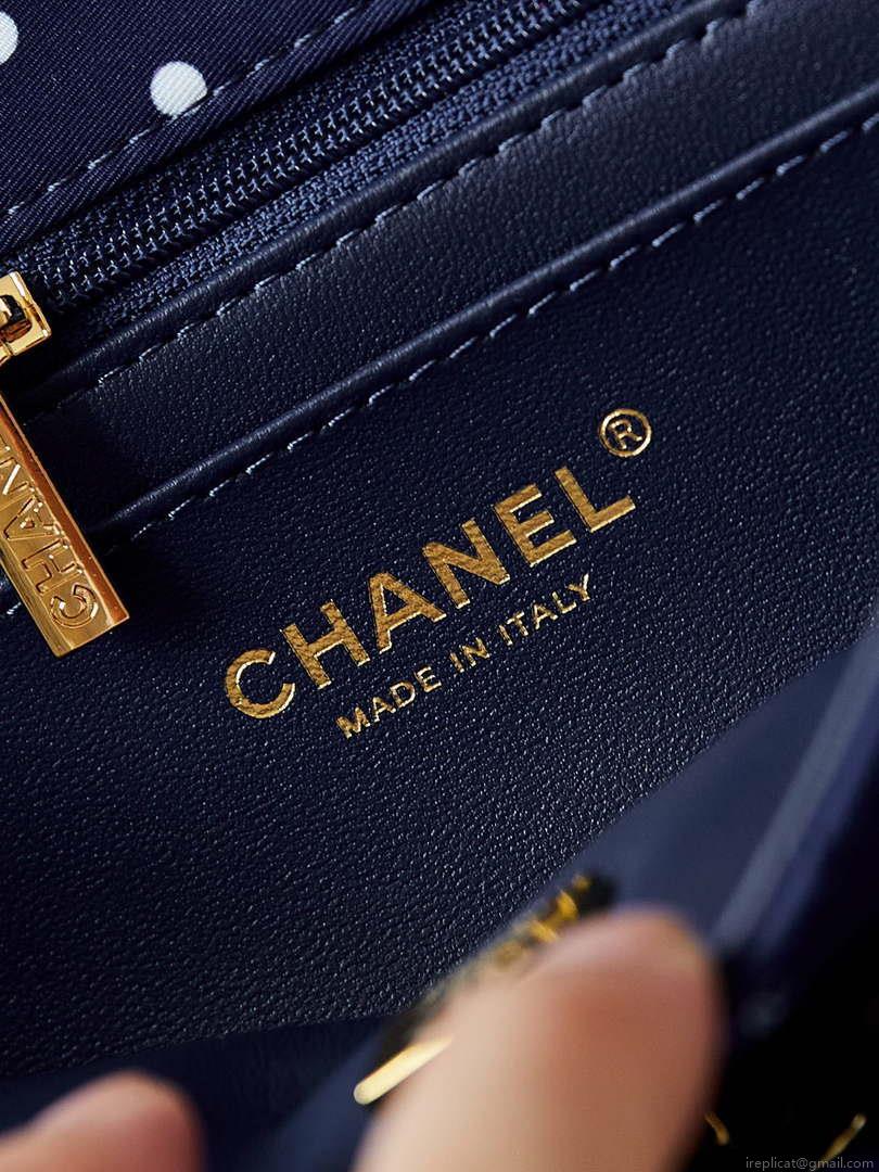 Chanel A01112 Flap Blue Fabric Printed with white raindrops