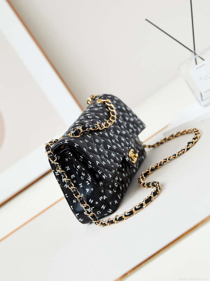 Chanel A01112 Flap Black Lambskin Printed with white CC logo