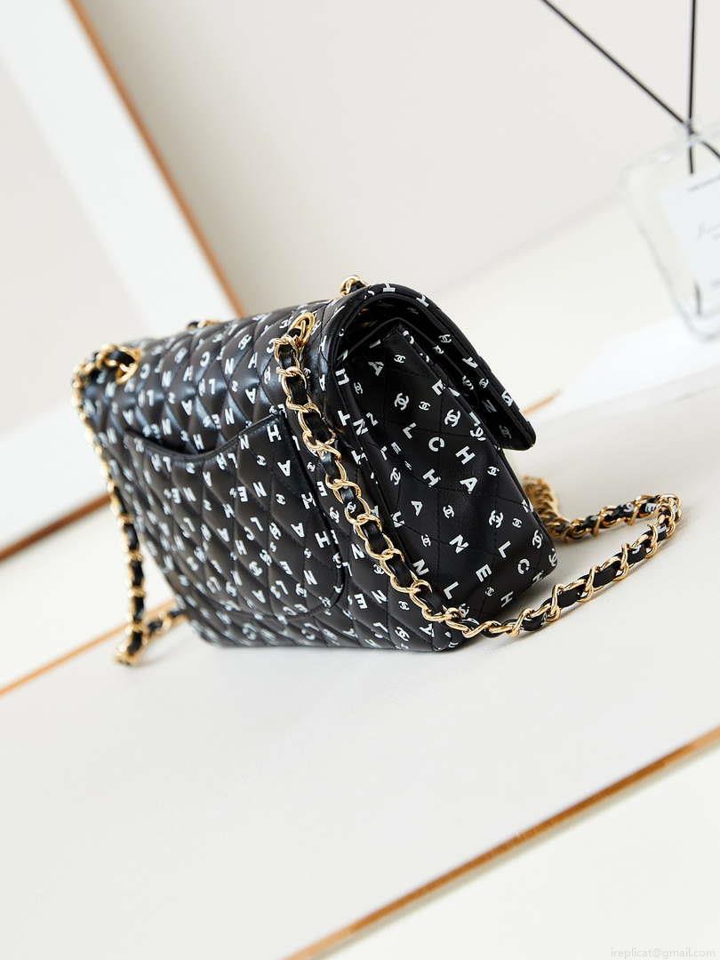 Chanel A01112 Flap Black Lambskin Printed with white CC logo
