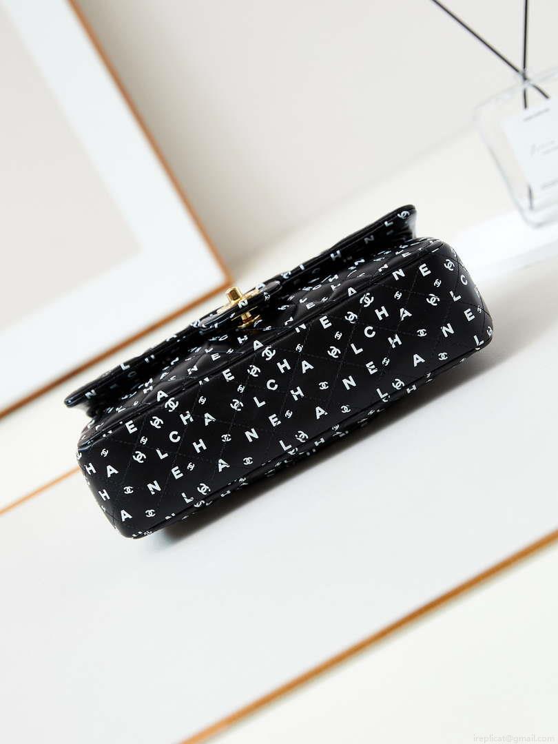 Chanel A01112 Flap Black Lambskin Printed with white CC logo