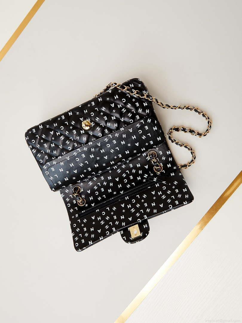 Chanel A01112 Flap Black Lambskin Printed with white CC logo