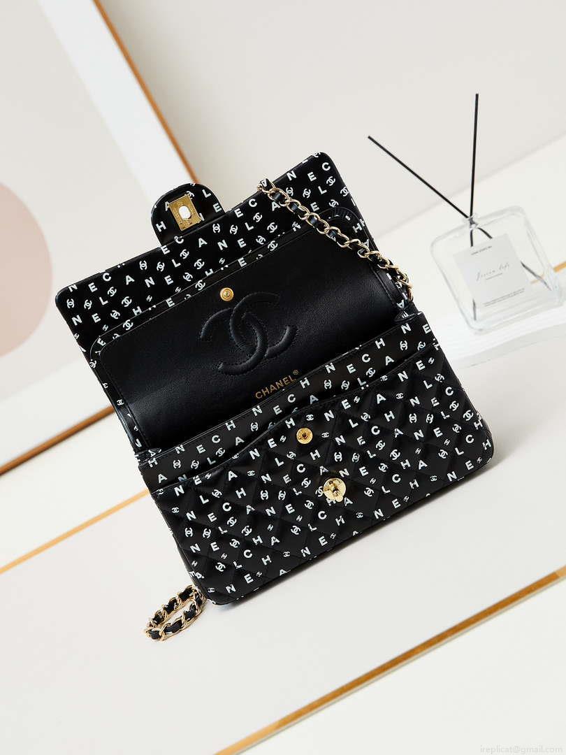Chanel A01112 Flap Black Lambskin Printed with white CC logo