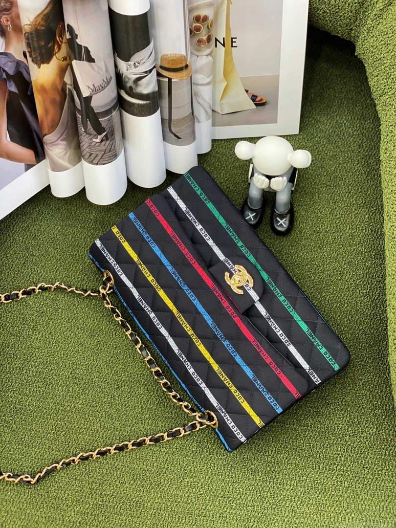 Chanel A01112 Classic Handbag Cotton Goldtone Multicolor and Black