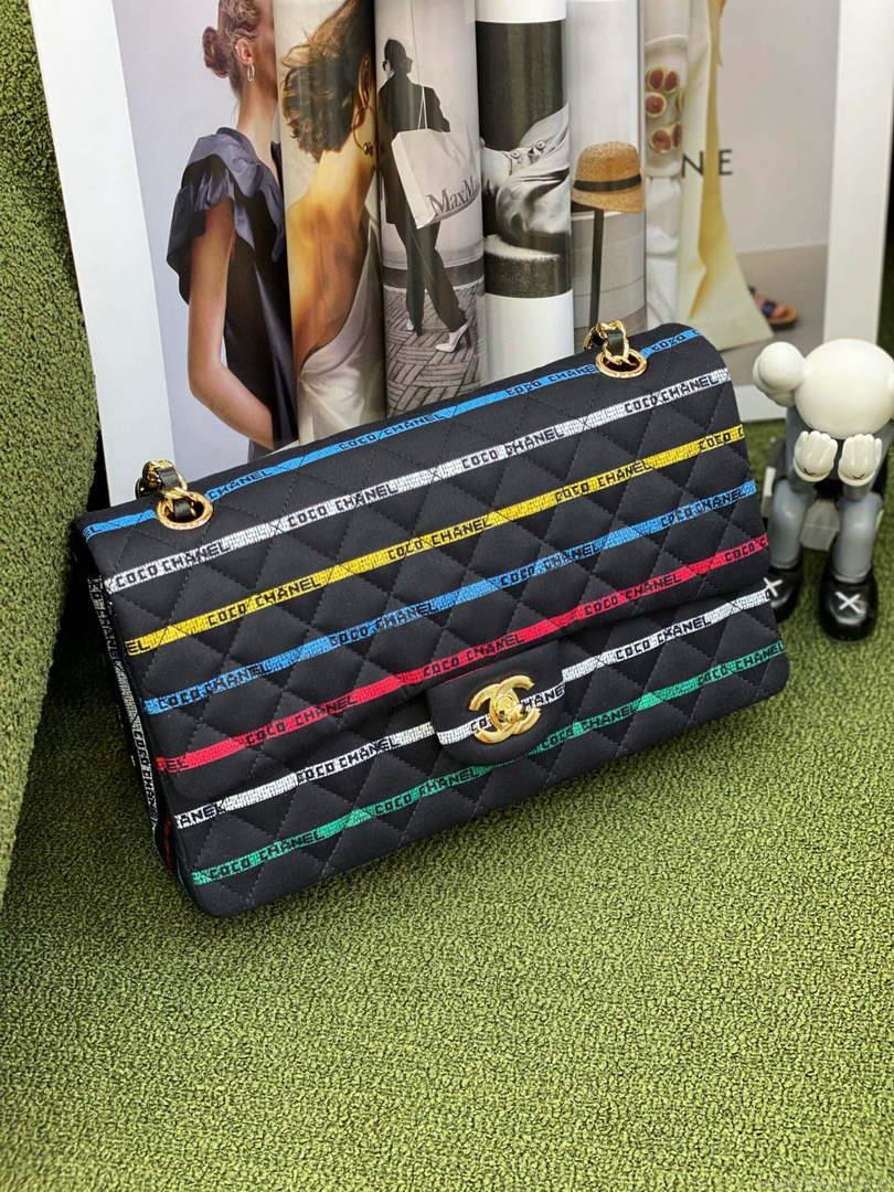 Chanel A01112 Classic Handbag Cotton Goldtone Multicolor and Black