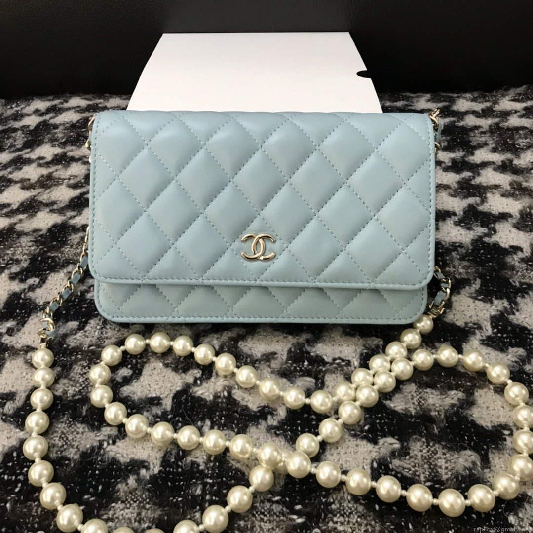 Chanel A68052 Wallet on Chain bag lambskin Imitation Pearls gold Light Blue