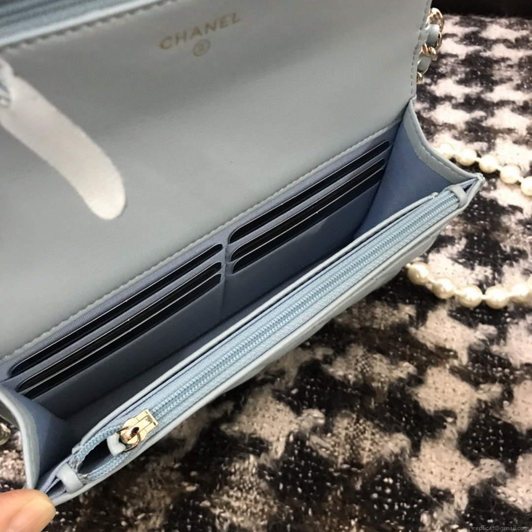 Chanel A68052 Wallet on Chain bag lambskin Imitation Pearls gold Light Blue