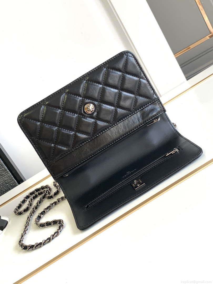 Chanel AP3645 Woc Wallet on Chain Black Shiny Crumpled Calfskin Strass & Ruthenium Finish Metal