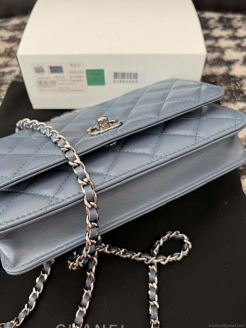 Chanel AP3645 Woc Wallet on Chain Blue Shiny Crumpled Calfskin Strass & Ruthenium Finish Metal