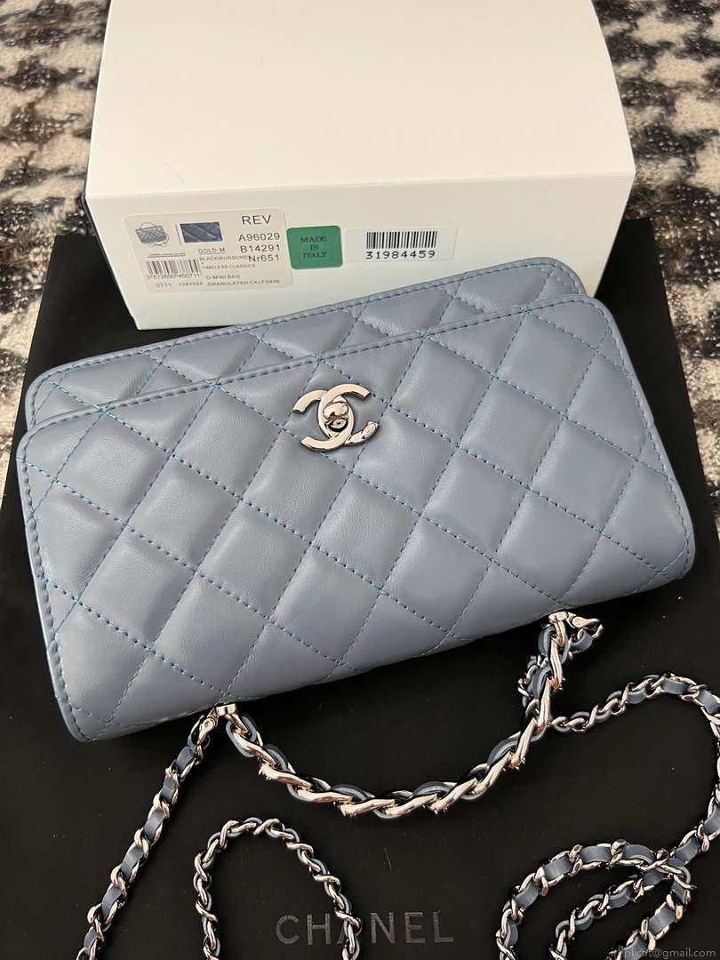 Chanel AP3645 Woc Wallet on Chain Blue Shiny Crumpled Calfskin Strass & Ruthenium Finish Metal