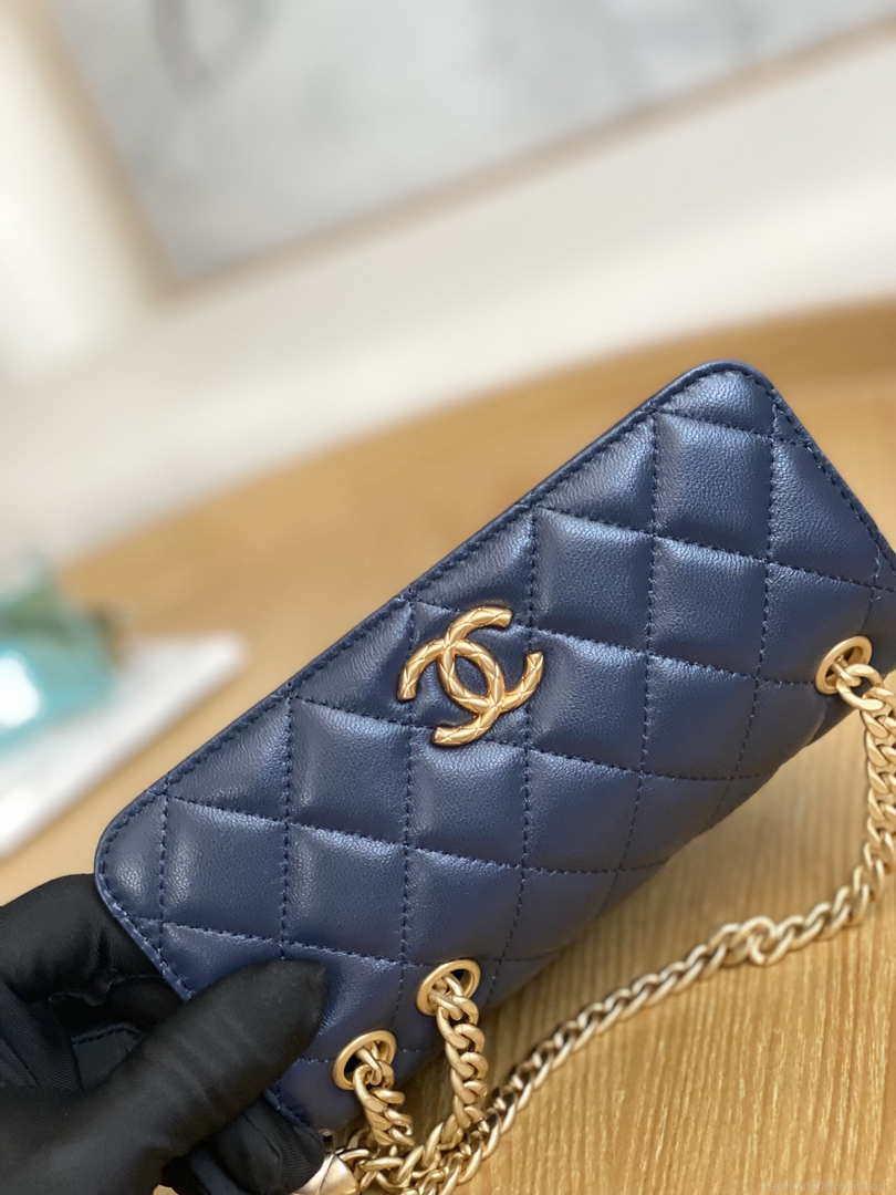 Chanel AP3047 FLAP Phone Holder With Chain Blue Lambskin & Gold-Tone Metal
