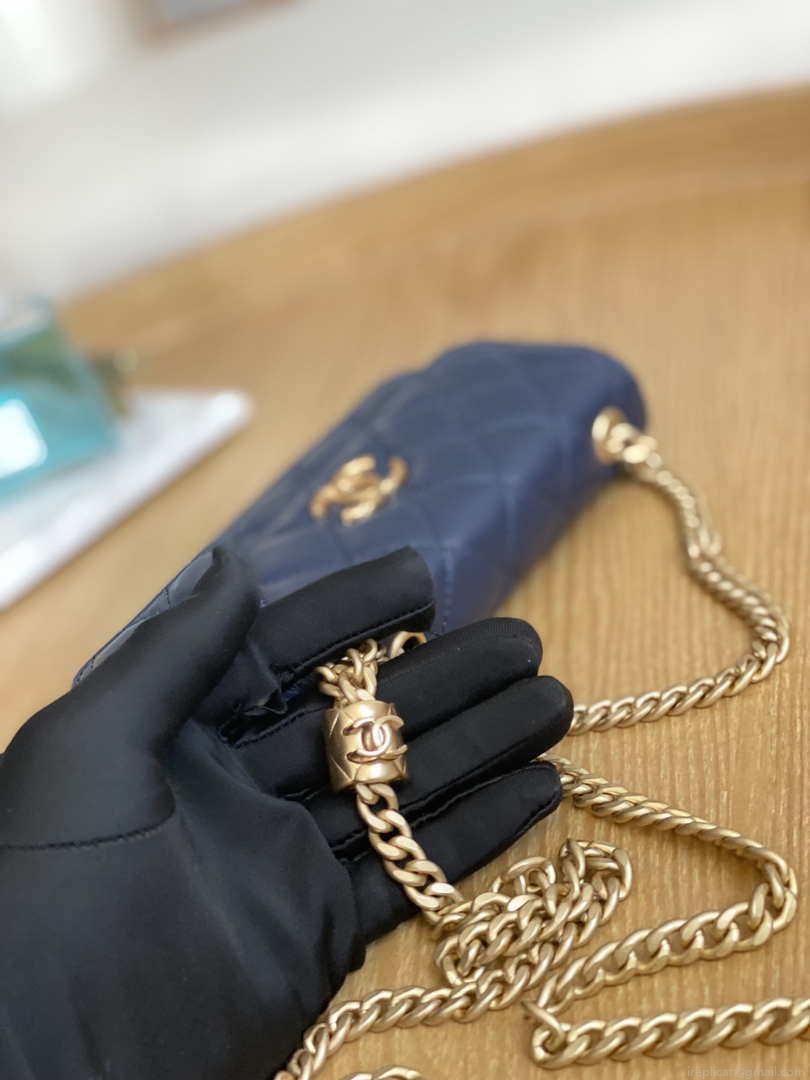 Chanel AP3047 FLAP Phone Holder With Chain Blue Lambskin & Gold-Tone Metal