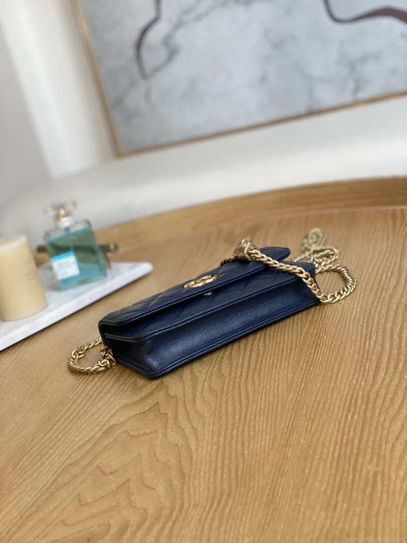Chanel AP3047 FLAP Phone Holder With Chain Blue Lambskin & Gold-Tone Metal