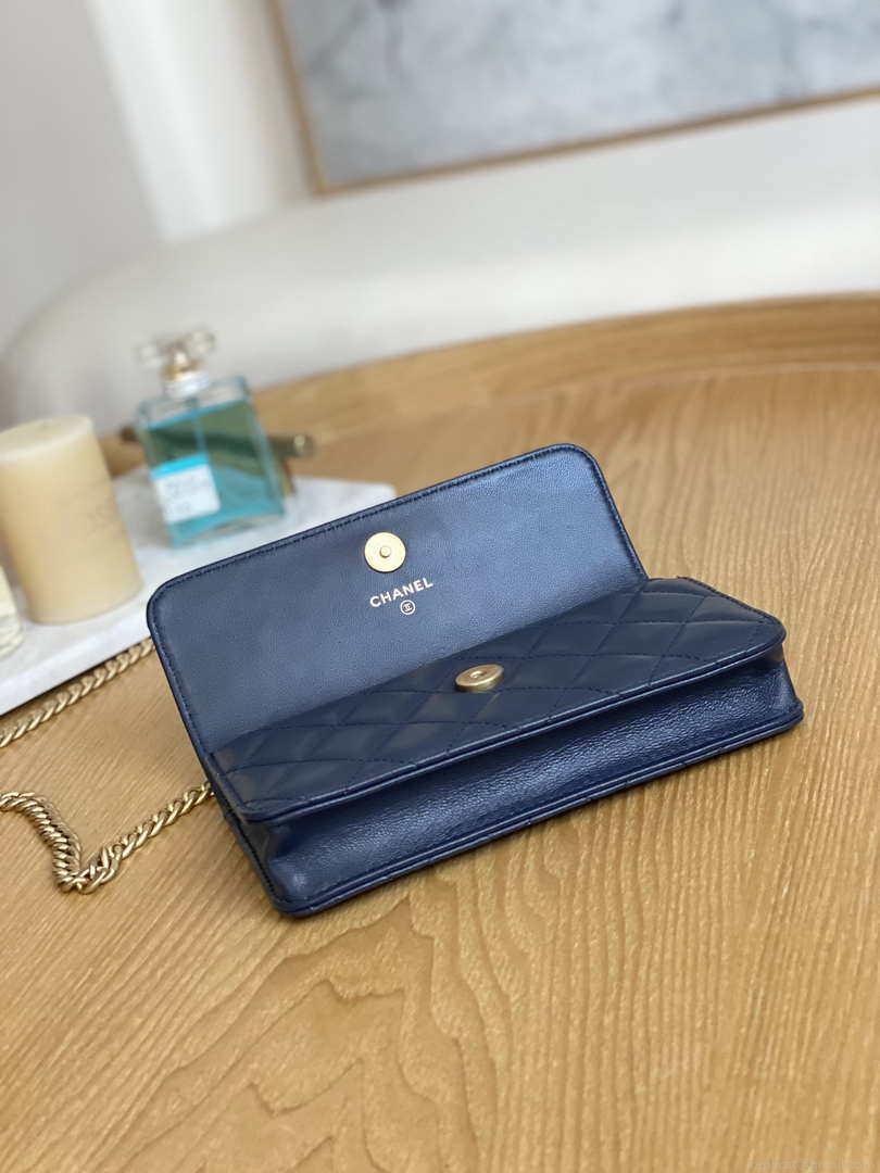Chanel AP3047 FLAP Phone Holder With Chain Blue Lambskin & Gold-Tone Metal