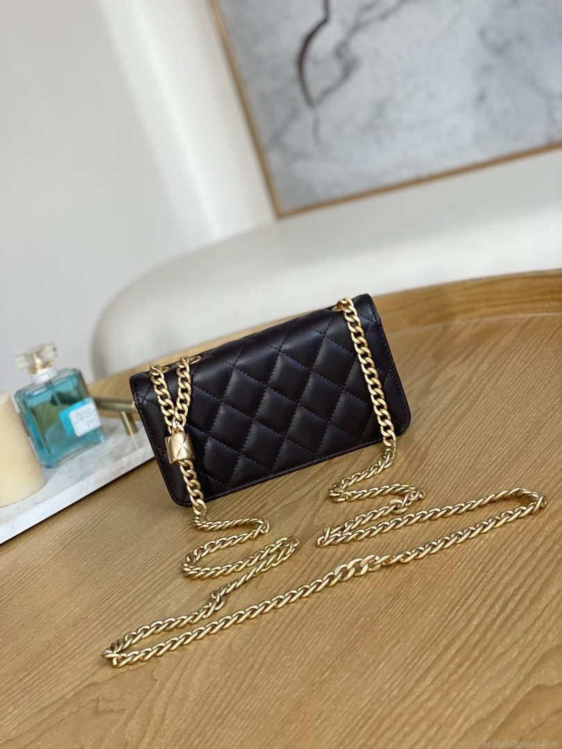 Chanel AP3047 FLAP Phone Holder With Chain Dark brown Lambskin
