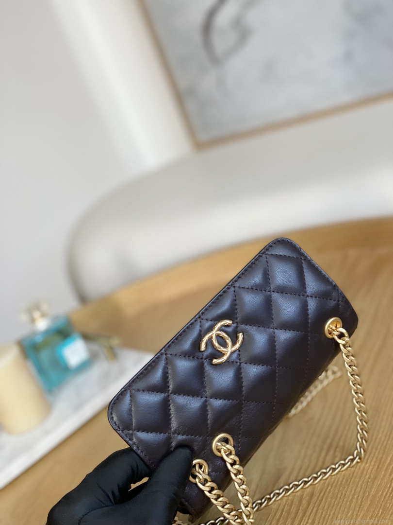 Chanel AP3047 FLAP Phone Holder With Chain Dark brown Lambskin