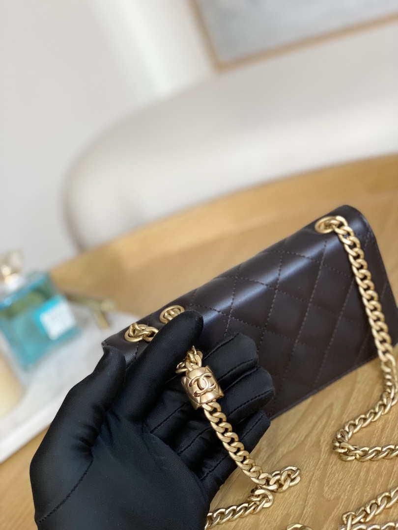 Chanel AP3047 FLAP Phone Holder With Chain Dark brown Lambskin