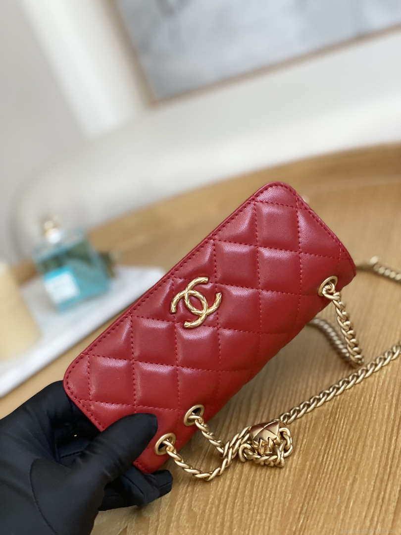 Chanel AP3047 FLAP Phone Holder With Chain Red Lambskin