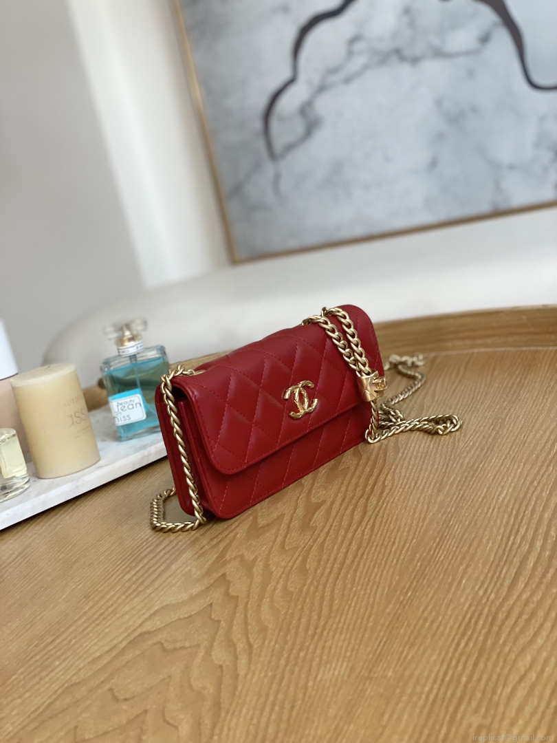 Chanel AP3047 FLAP Phone Holder With Chain Red Lambskin