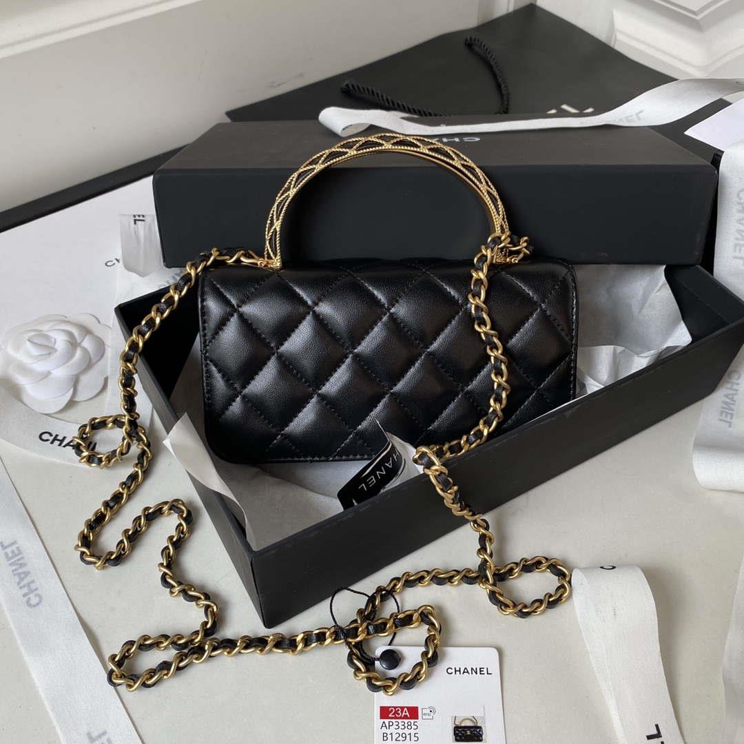 Chanel AP3385 Woc Flap Phone Holder With Chain Lambskin Black Gold