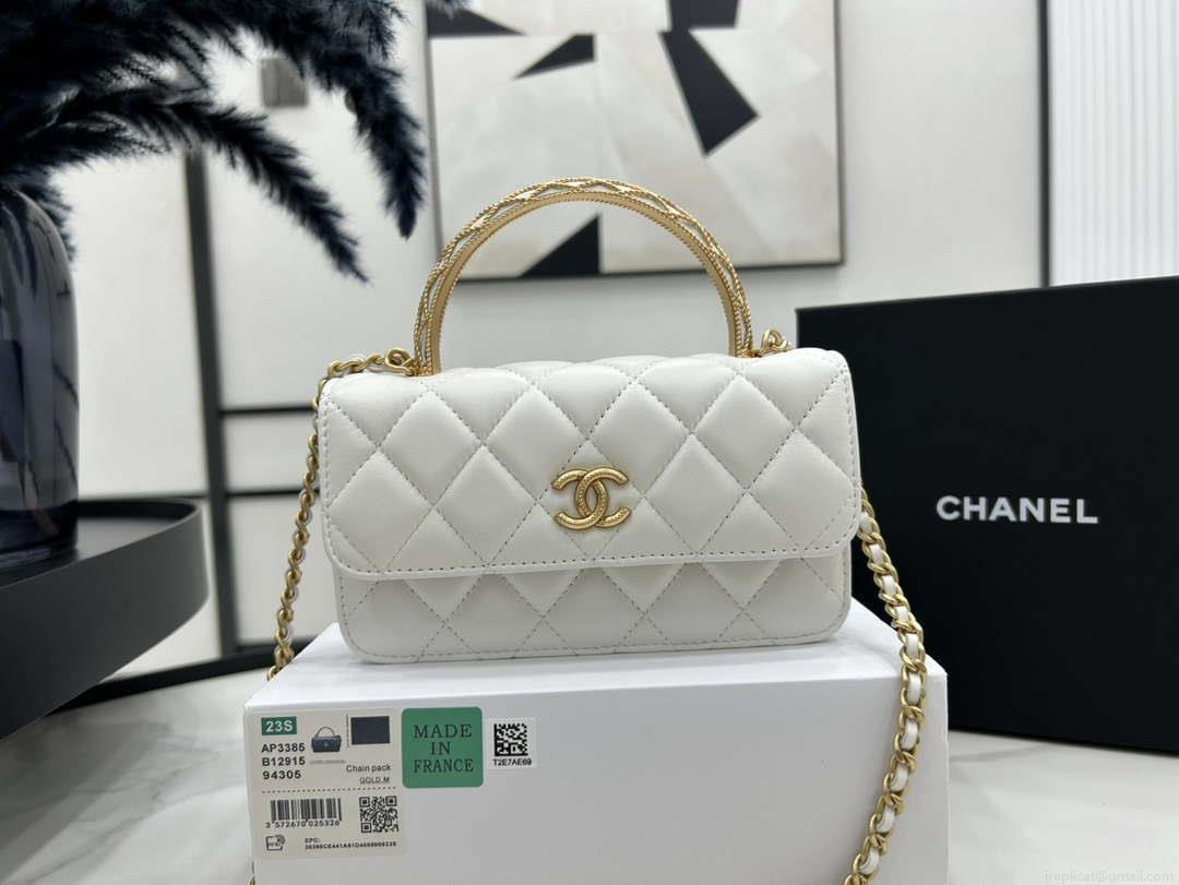 Chanel AP3385 Woc Flap Phone Holder With Chain Lambskin White Gold