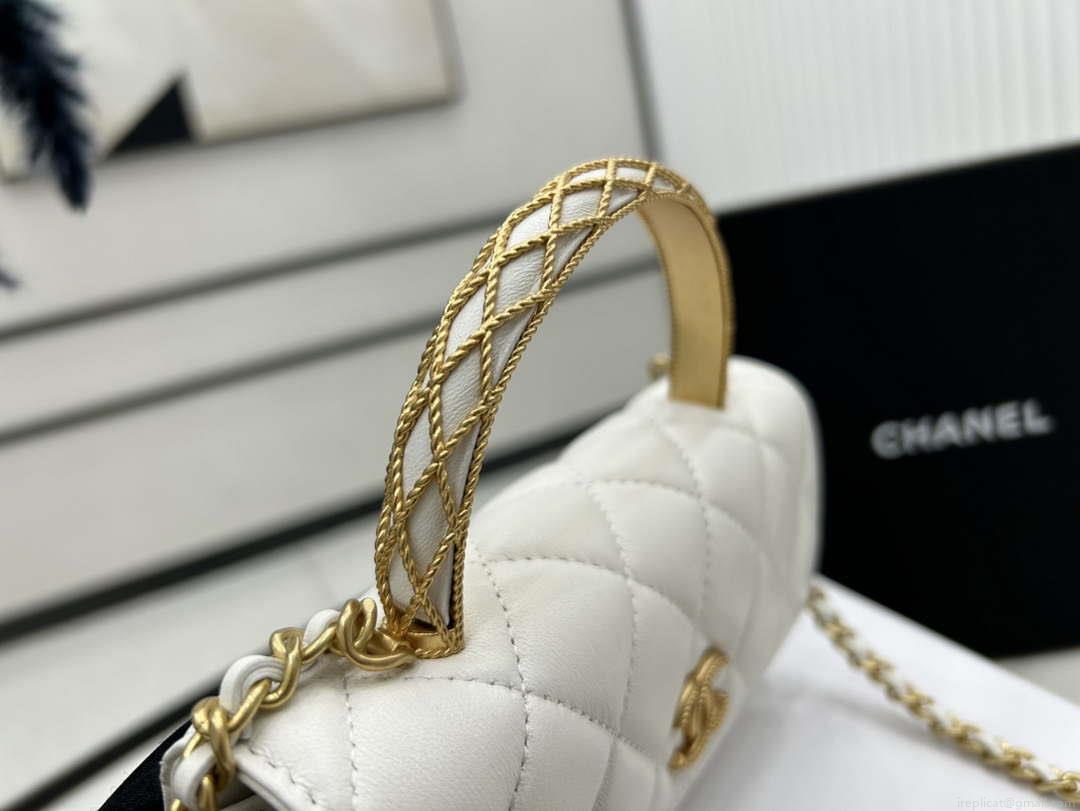 Chanel AP3385 Woc Flap Phone Holder With Chain Lambskin White Gold