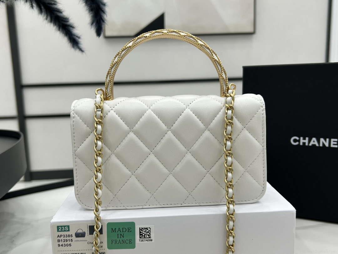 Chanel AP3385 Woc Flap Phone Holder With Chain Lambskin White Gold