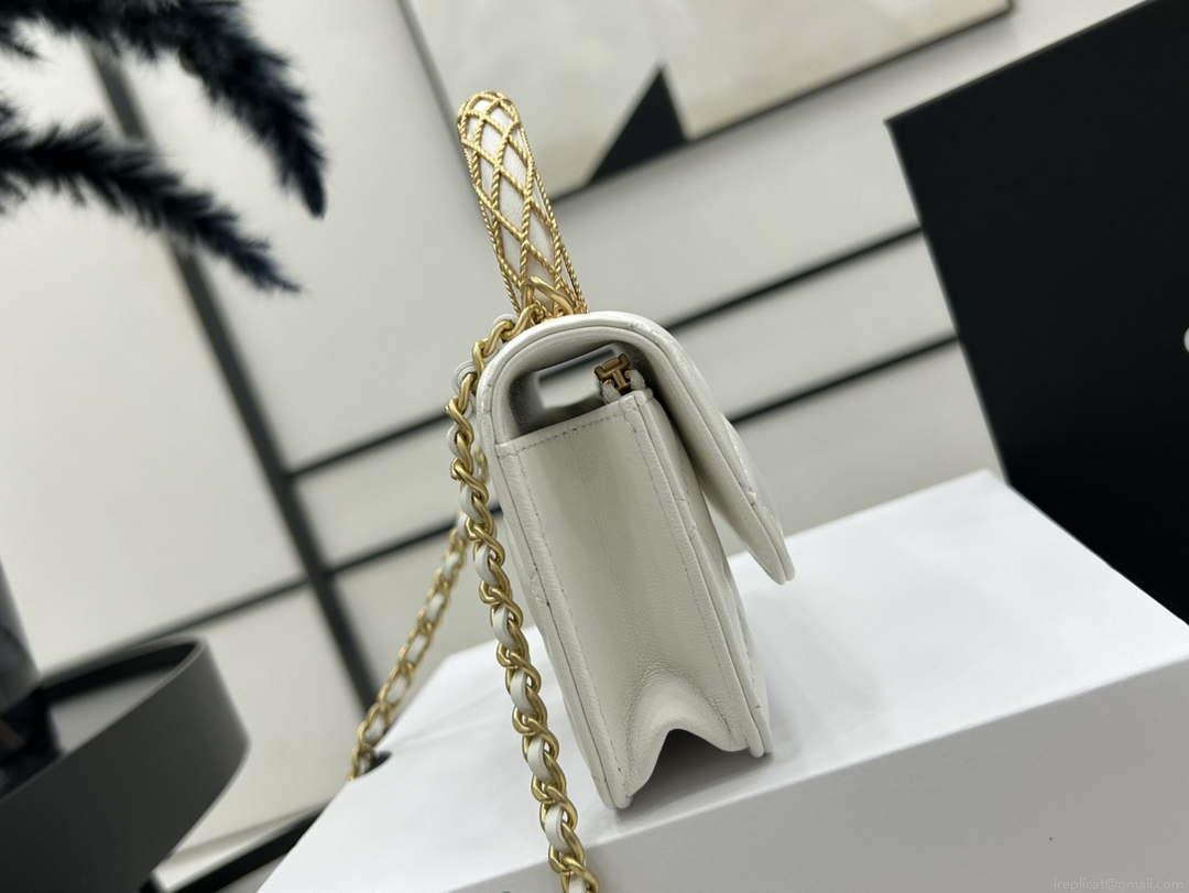 Chanel AP3385 Woc Flap Phone Holder With Chain Lambskin White Gold