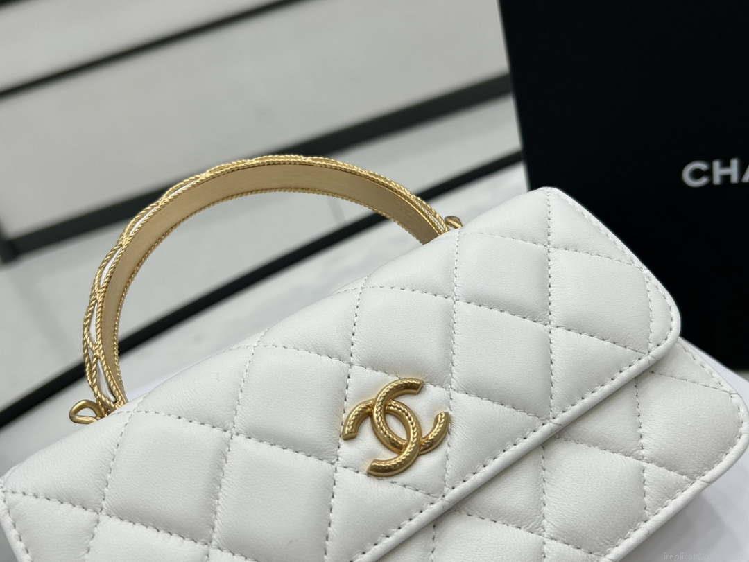Chanel AP3385 Woc Flap Phone Holder With Chain Lambskin White Gold