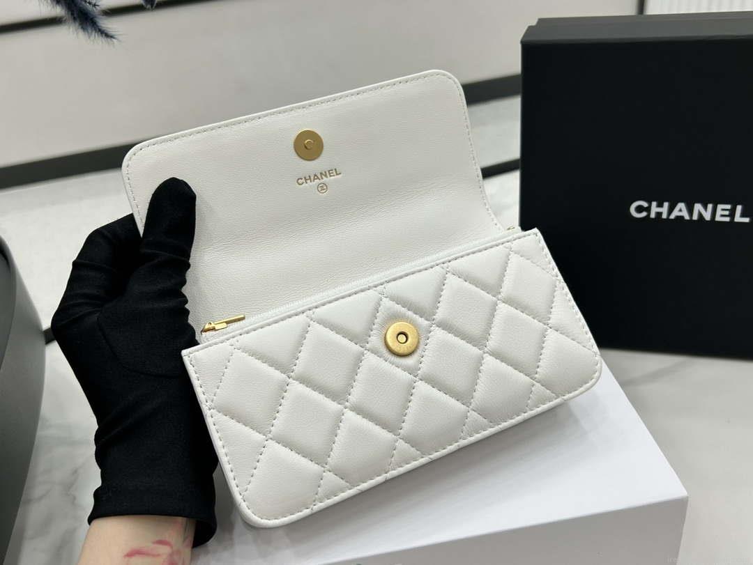Chanel AP3385 Woc Flap Phone Holder With Chain Lambskin White Gold