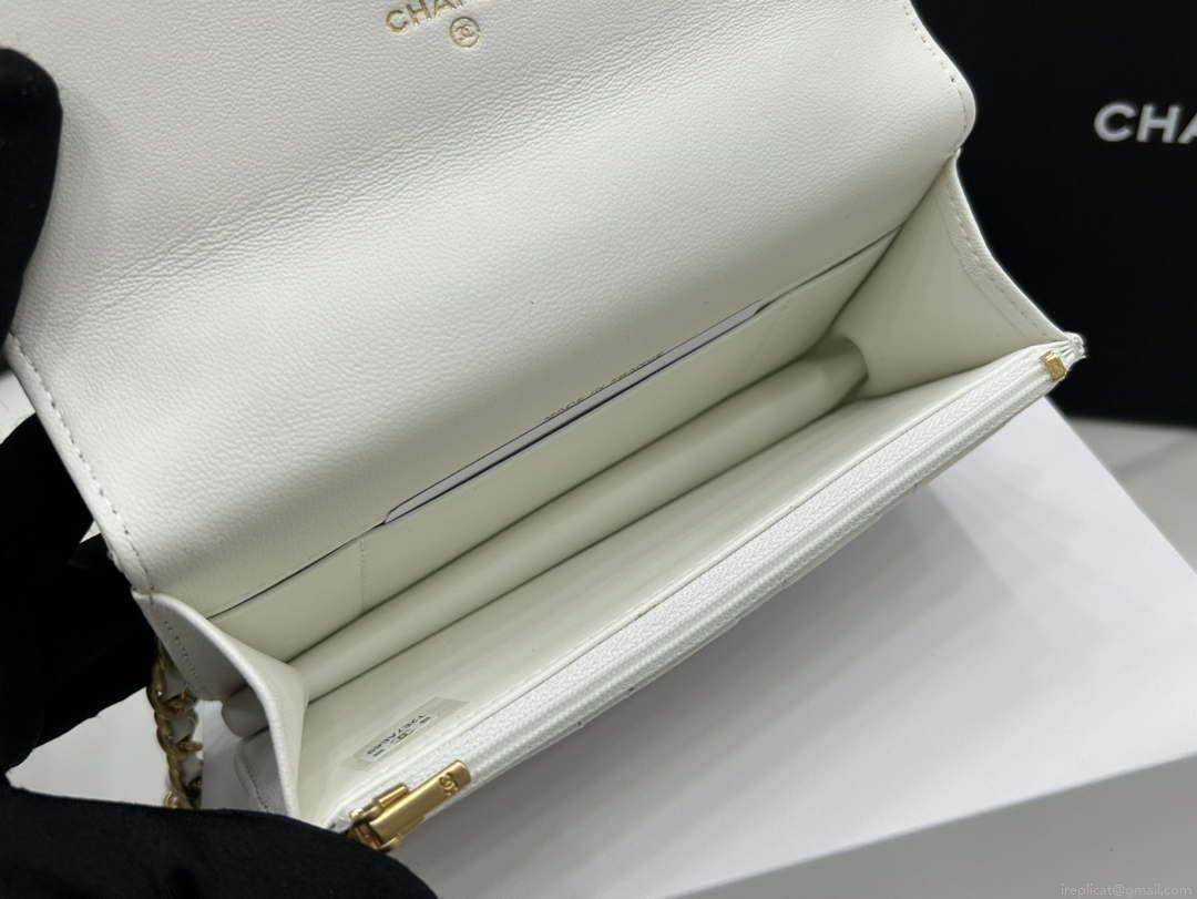 Chanel AP3385 Woc Flap Phone Holder With Chain Lambskin White Gold