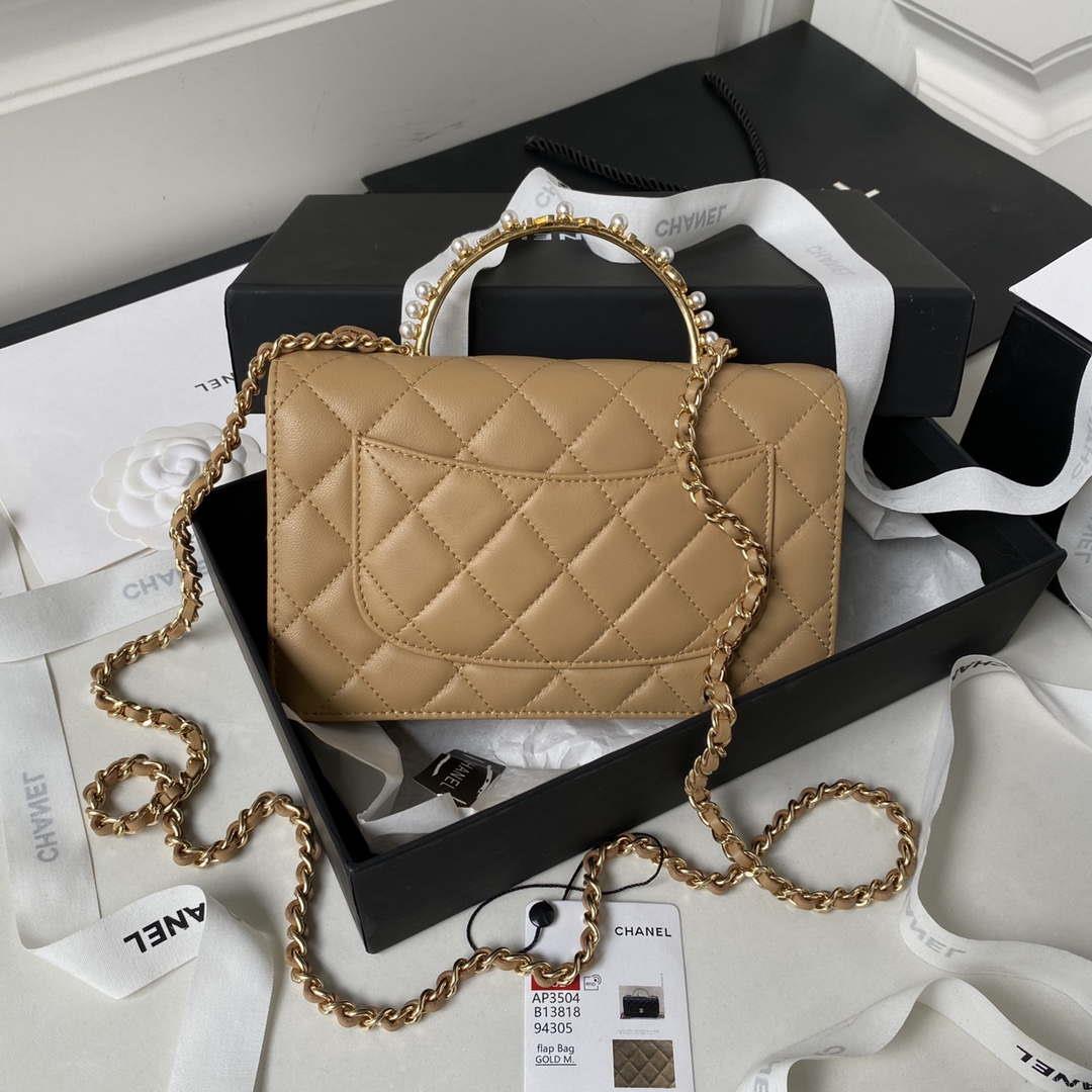 Chanel AP3504 Woc Wallet On Chain lambskin Imitation Pearls Strass & Gold Apricot