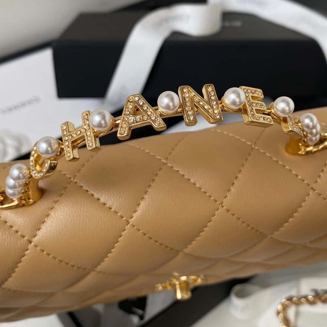 Chanel AP3504 Woc Wallet On Chain lambskin Imitation Pearls Strass & Gold Apricot