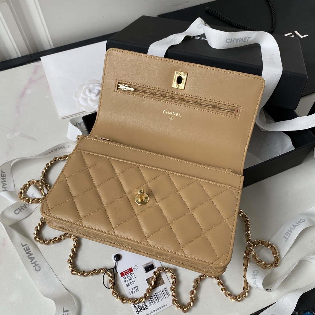 Chanel AP3504 Woc Wallet On Chain lambskin Imitation Pearls Strass & Gold Apricot
