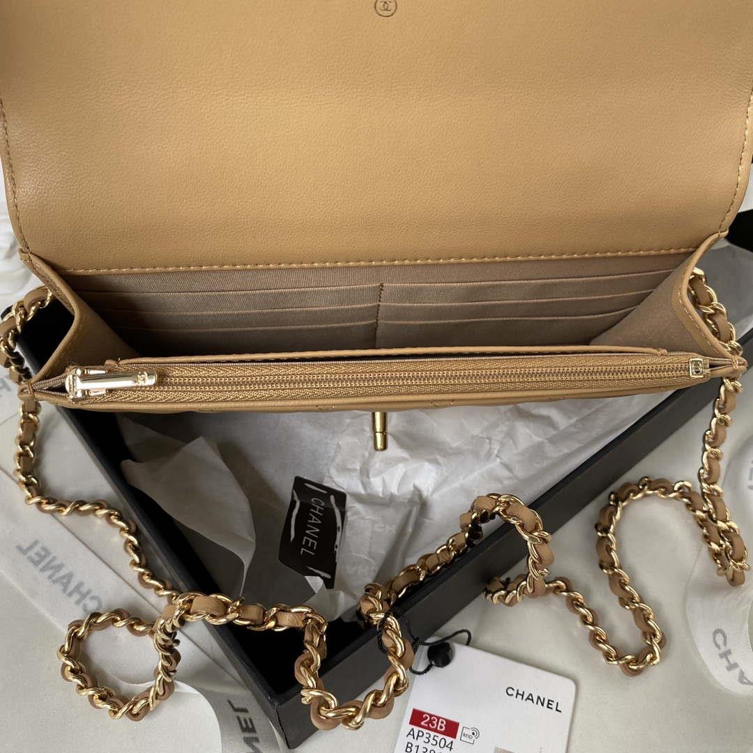 Chanel AP3504 Woc Wallet On Chain lambskin Imitation Pearls Strass & Gold Apricot