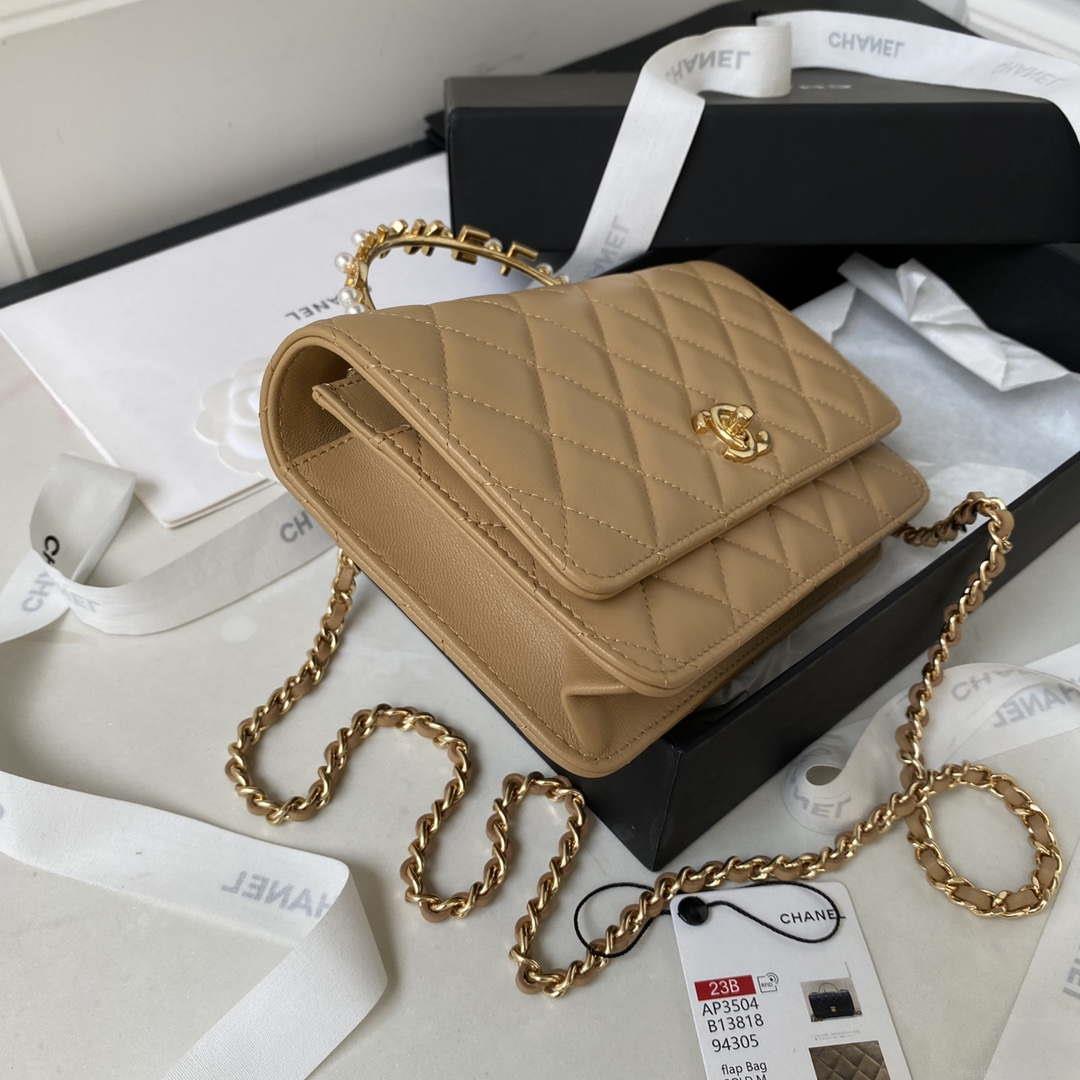 Chanel AP3504 Woc Wallet On Chain lambskin Imitation Pearls Strass & Gold Apricot