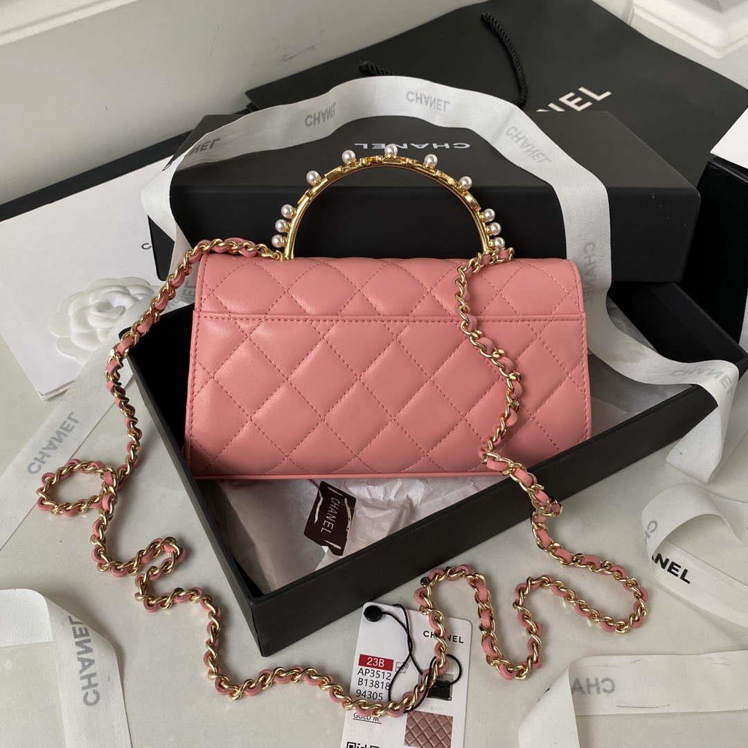Chanel AP3512 Flap Phone Holder With Chain Lambskin Imitation Pearls Enamel & Gold Pink