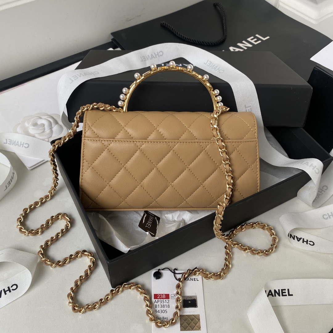 Chanel AP3512 Flap Phone Holder With Chain Lambskin Imitation Pearls Enamel & Gold Aprocot