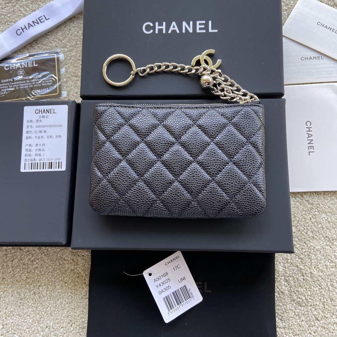 Chanel Classic Card Holder Zipper Grained shiny Calfskin A50168 Black Silver