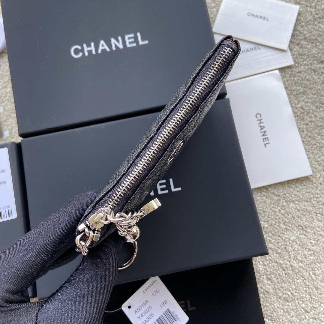 Chanel Classic Card Holder Zipper Grained shiny Calfskin A50168 Black Silver