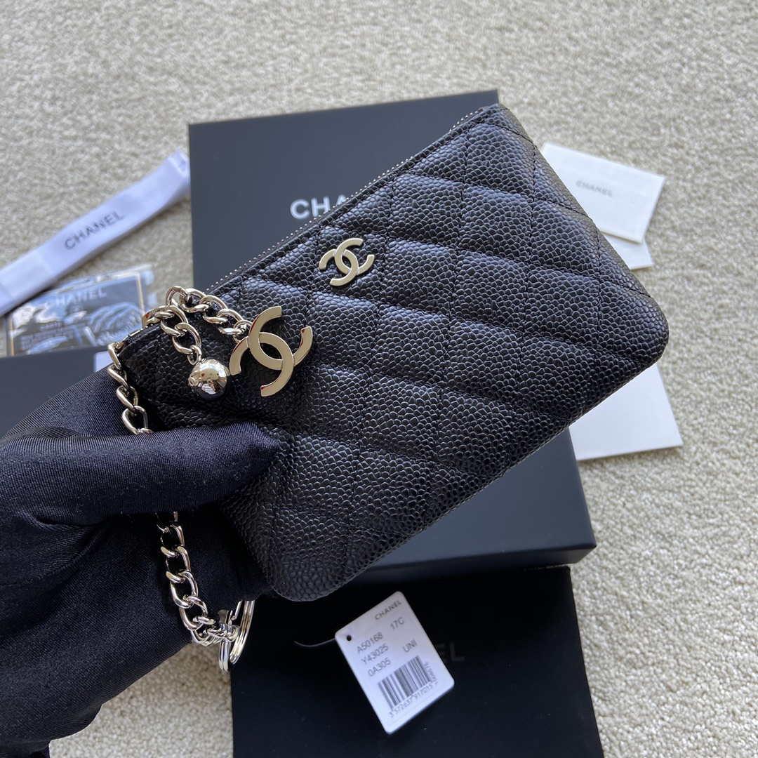Chanel Classic Card Holder Zipper Grained shiny Calfskin A50168 Black Silver
