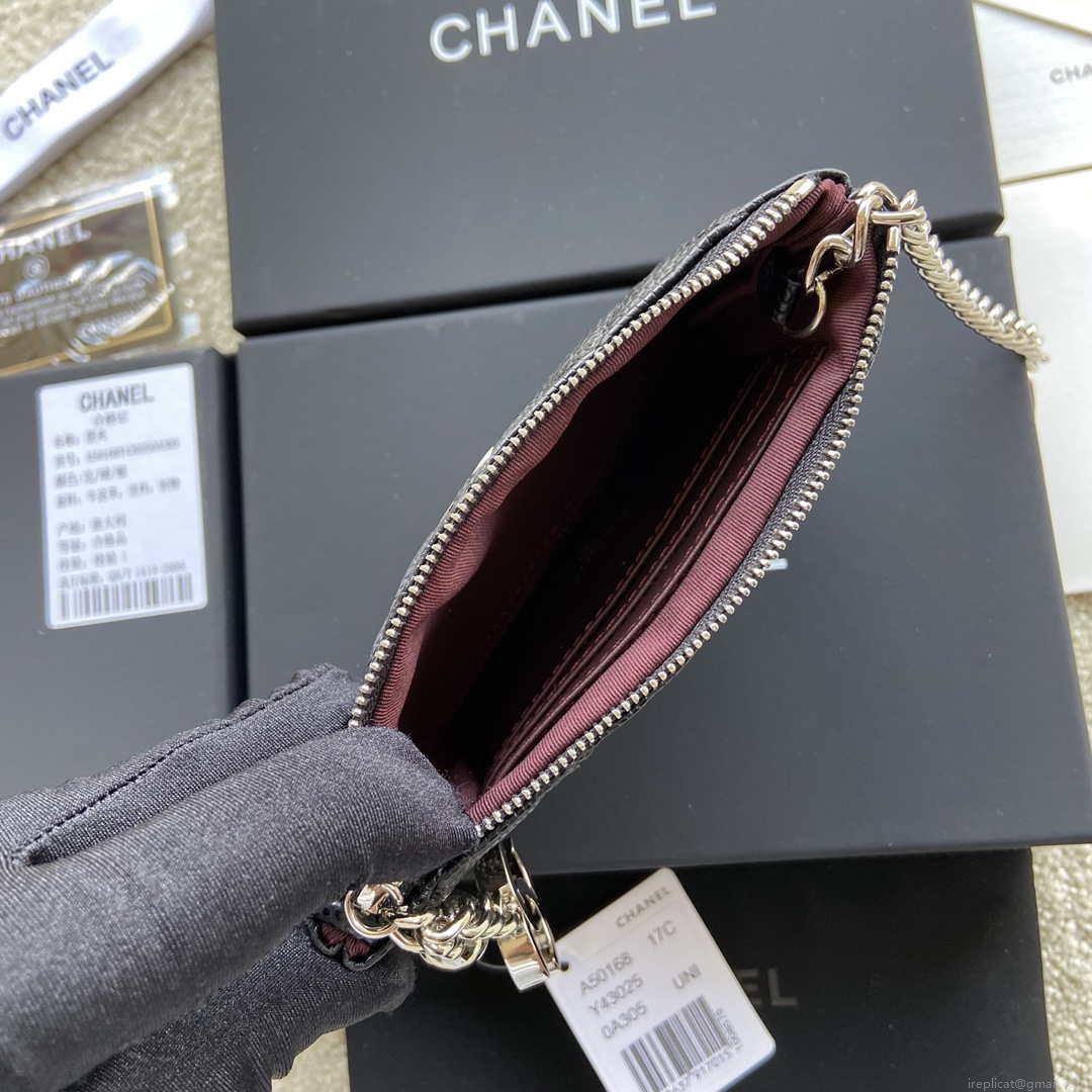 Chanel Classic Card Holder Zipper Grained shiny Calfskin A50168 Black Silver
