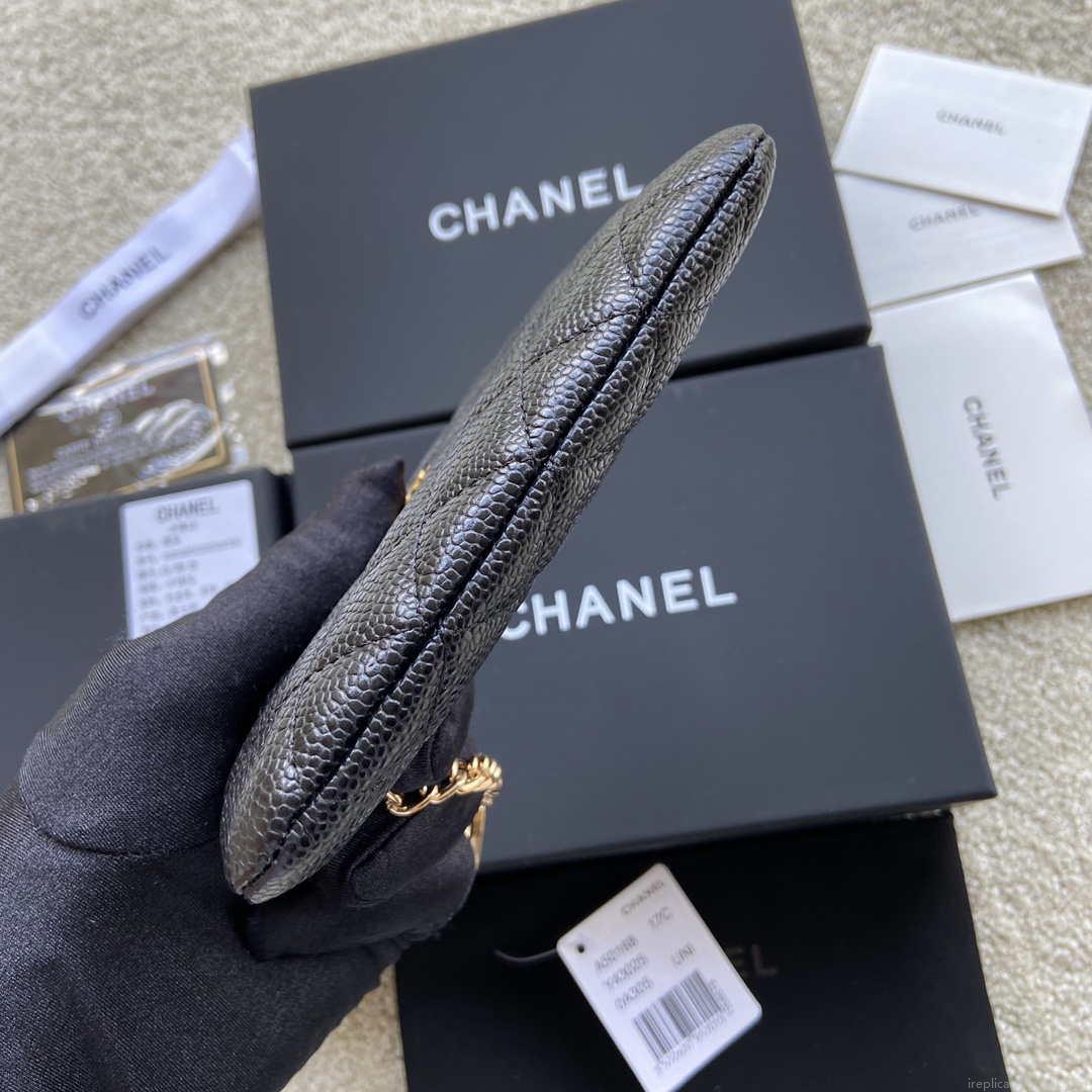 Chanel Classic Card Holder Zipper Grained shiny Calfskin A50168 Black Gold
