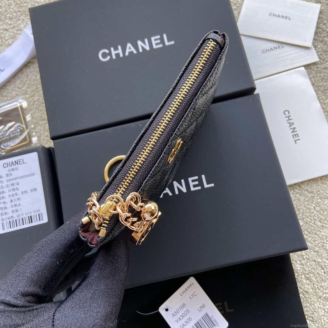 Chanel Classic Card Holder Zipper Grained shiny Calfskin A50168 Black Gold
