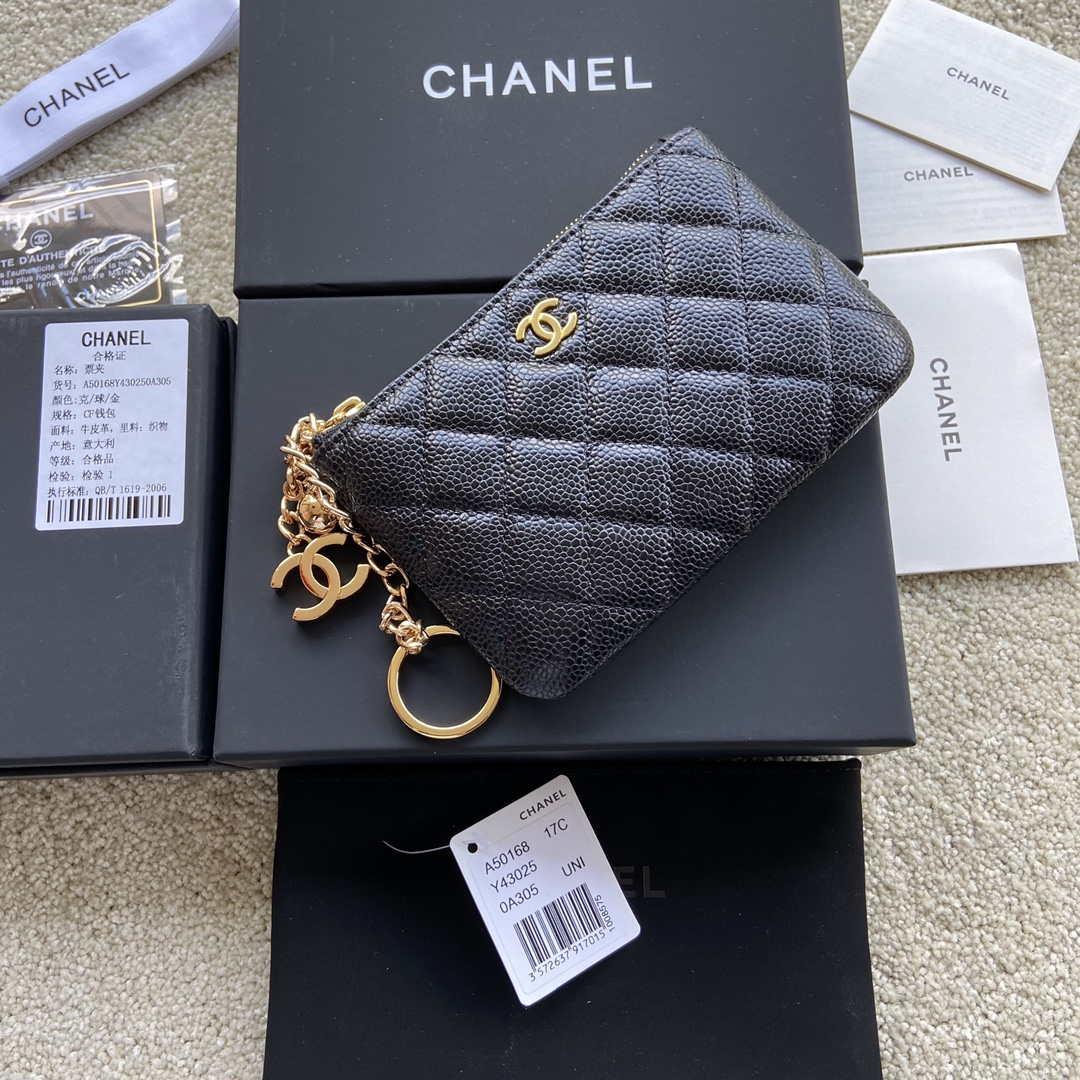 Chanel Classic Card Holder Zipper Grained shiny Calfskin A50168 Black Gold
