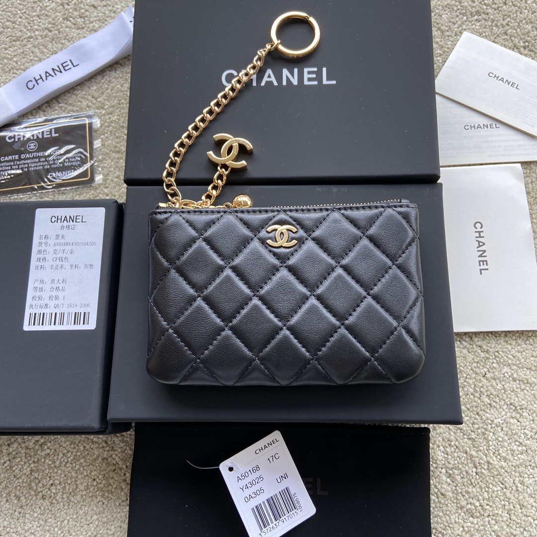 Chanel Classic Card Holder Zipper Lambskin A50168 Black Gold