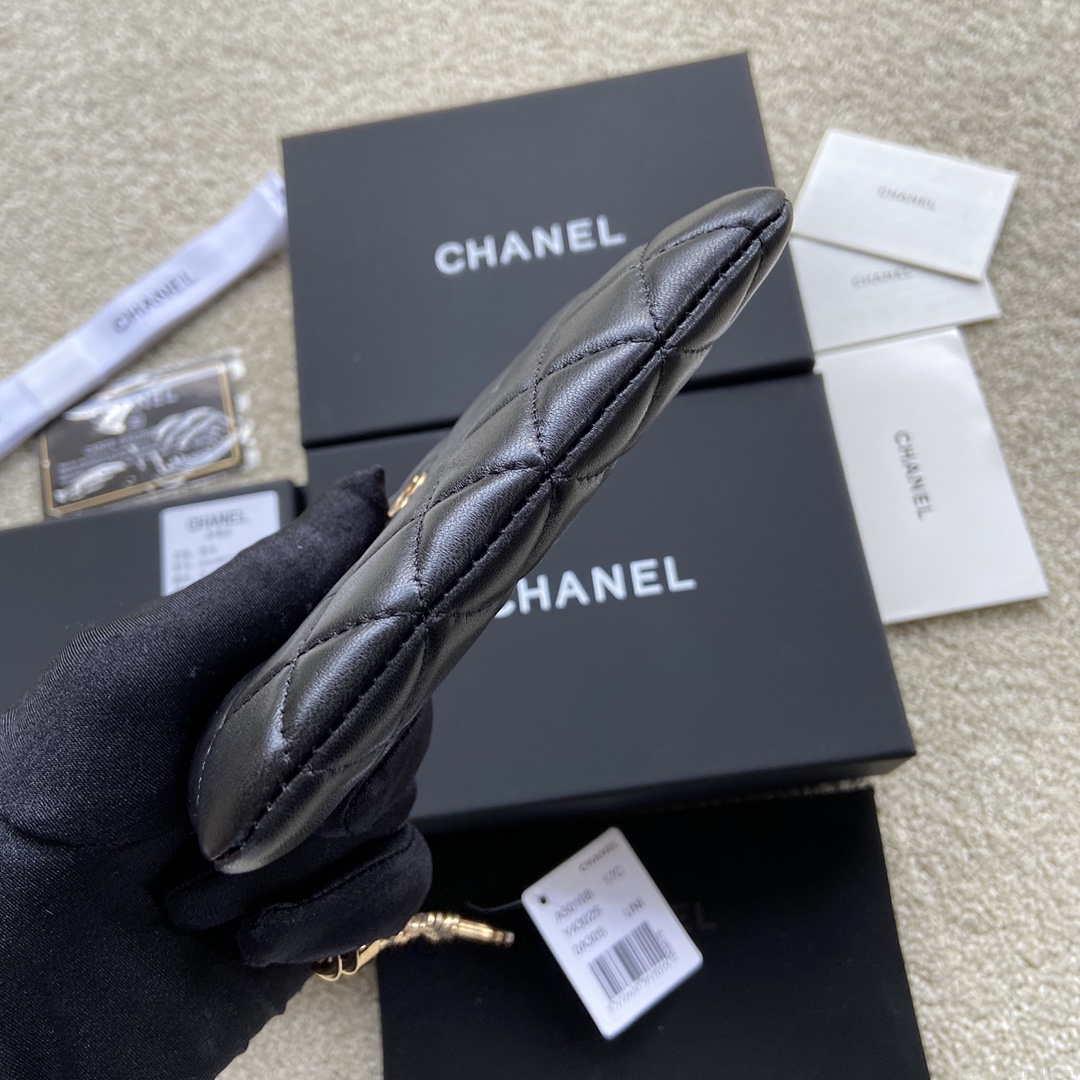 Chanel Classic Card Holder Zipper Lambskin A50168 Black Gold