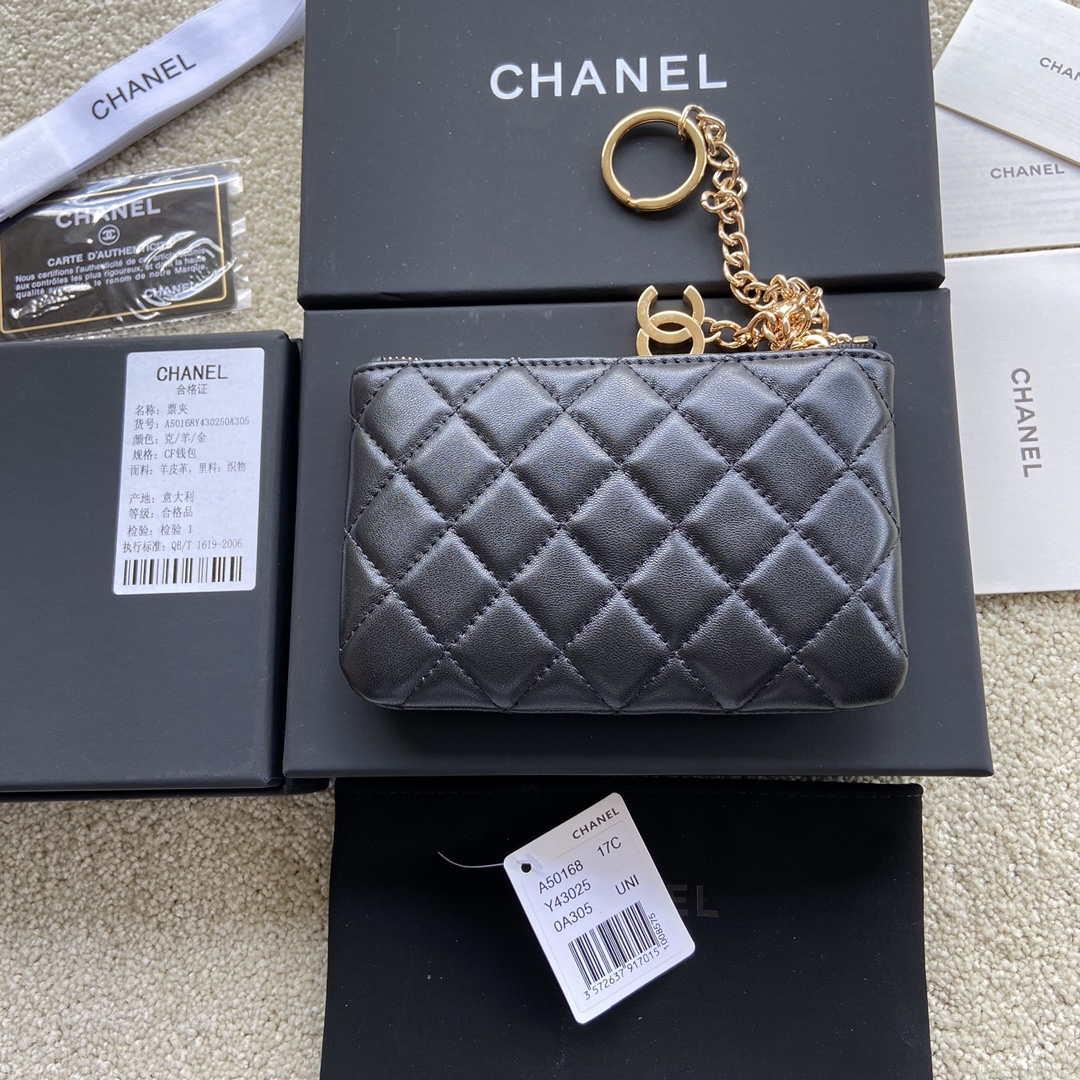 Chanel Classic Card Holder Zipper Lambskin A50168 Black Gold