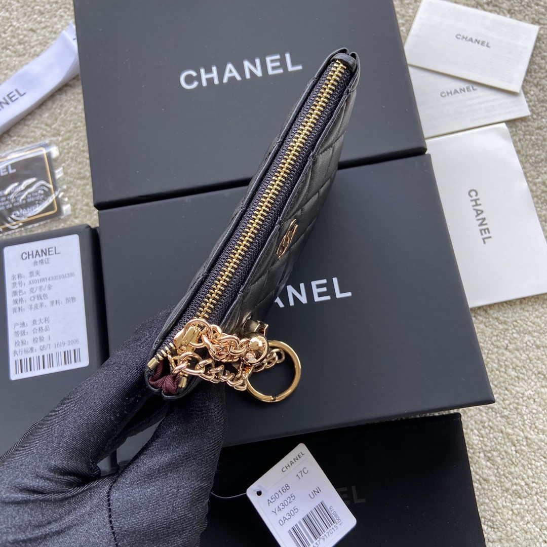 Chanel Classic Card Holder Zipper Lambskin A50168 Black Gold