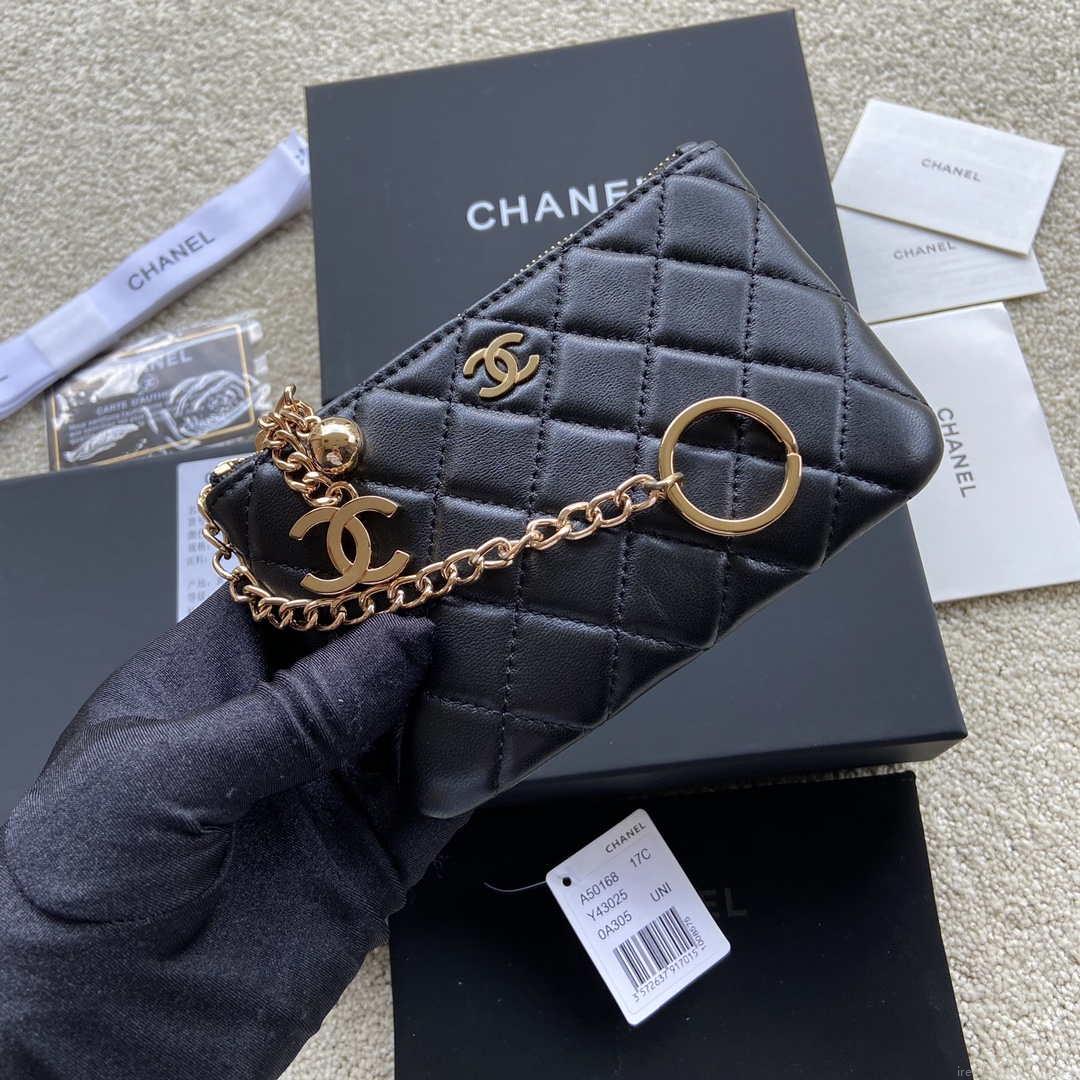 Chanel Classic Card Holder Zipper Lambskin A50168 Black Gold