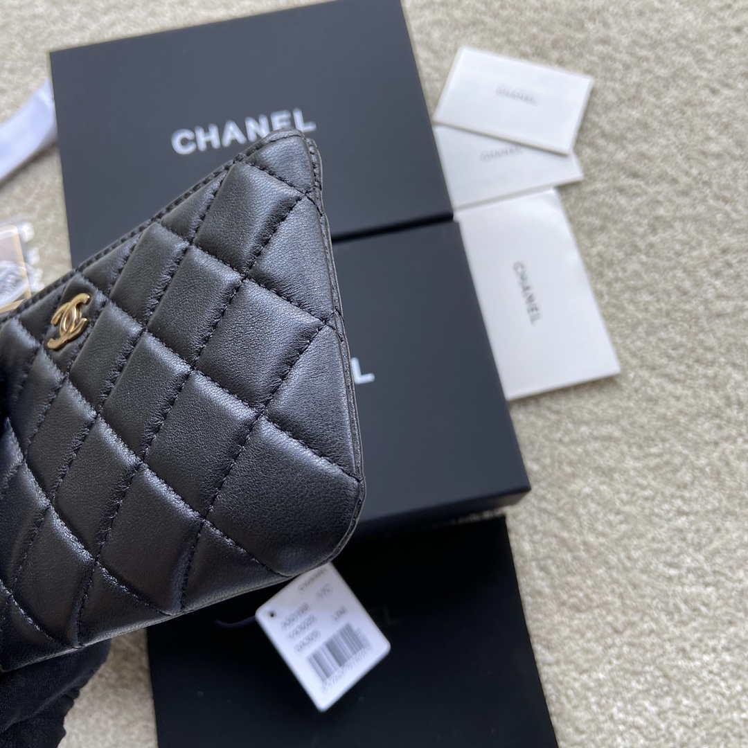 Chanel Classic Card Holder Zipper Lambskin A50168 Black Gold